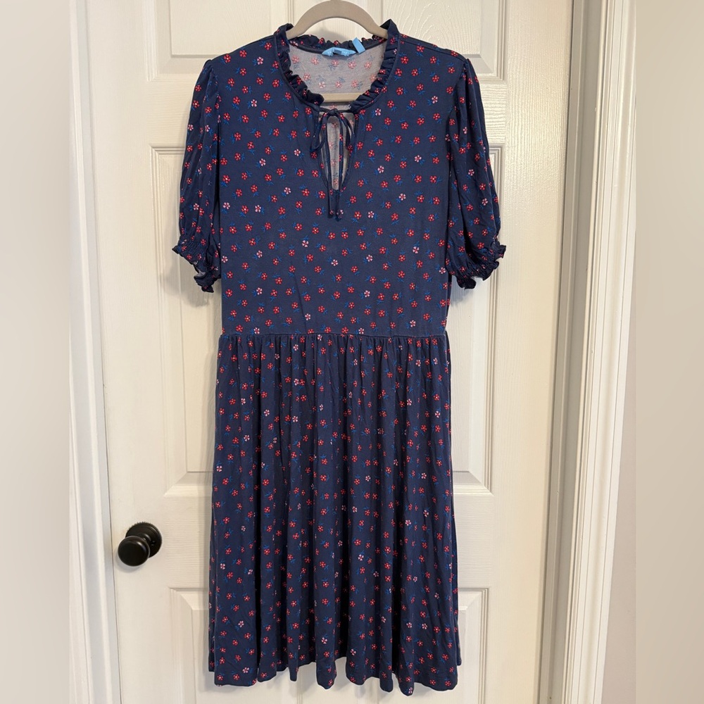 Draper James Blue and Red Puff Sleeve Dress